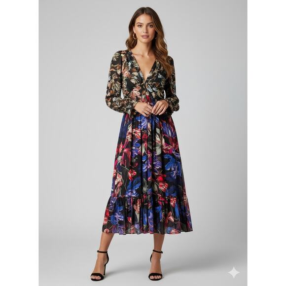 Manila Grace Black Floral Midi Dress IT 38 US 4 Long Sleeve Italian Designer - Picture 1 of 7